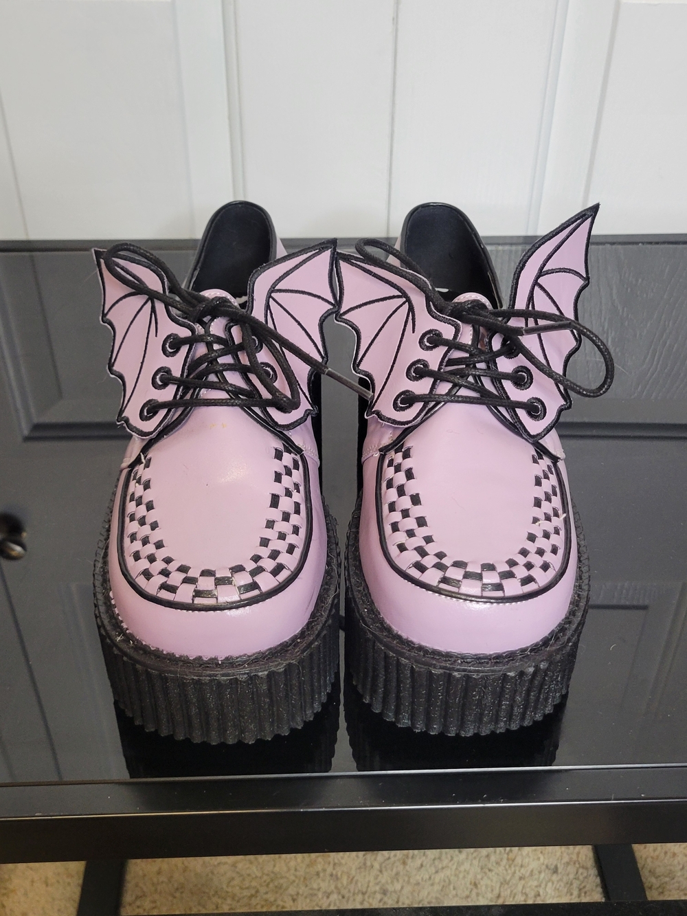 Demonia Purple Bat Wing Checker Platform Creepers 8 Lace Up Shoes Goth Emo Punk